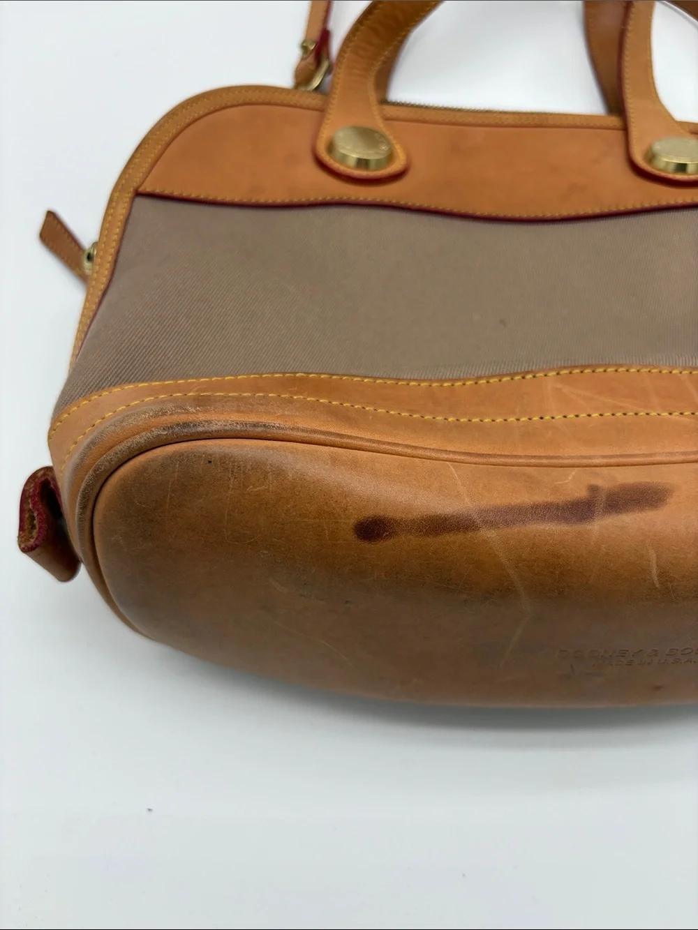 VTG Dooney & Bourke Cabriolet Tan Leather Canvas Dome Handbag Purse USA BLEMISH